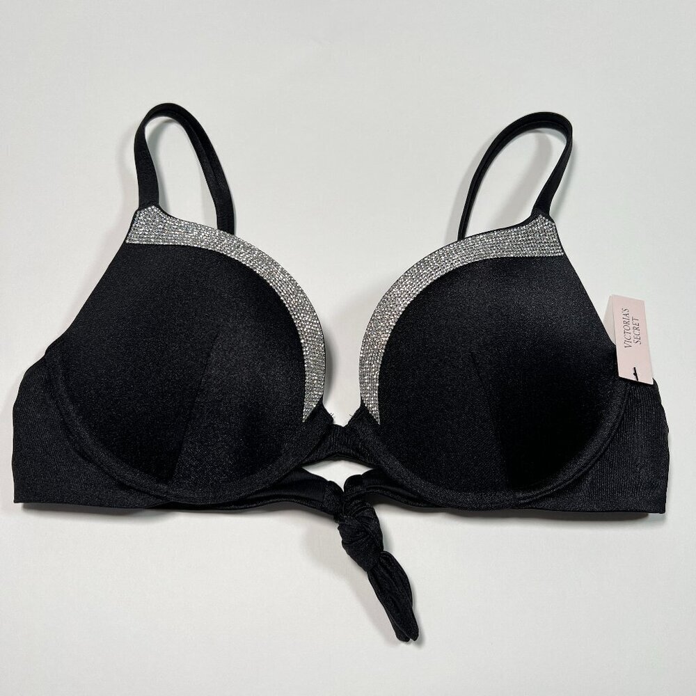 Victoria Secret 34A VERY SEXY Push Up Bikini Top Shine Trim Back Tie Black - Picture 2 of 5